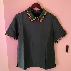 Scotch and soda. Green and leopard collar shirt.